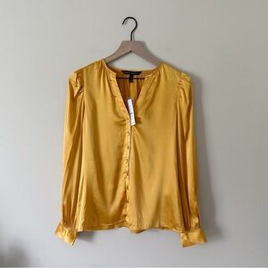 NWT White House Black Market Long Sleeve Puff Sleeve Silk Blouse in Liquid Gold